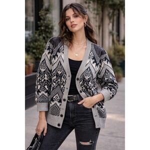 Vintage Eclectic Grandpa Geometric Cardigan Sweater M Gray Black Oversized